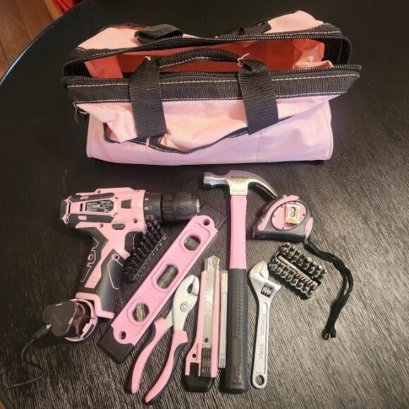 12V Pink Cordless Drill Driver and Home Tool Kit, Hand Tool Set for DIY - Picture 1 of 1